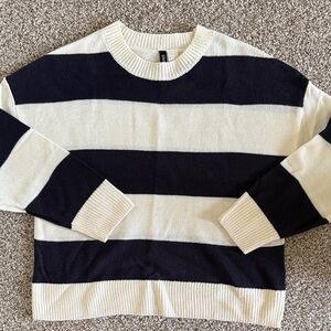 Divided Women's Striped Navy and Cream Lightweight Oversized Crewneck Sweater